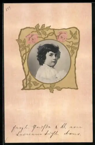 Foto-Collage-AK Knabenportrait im Rosenrahmen, Jugendstil