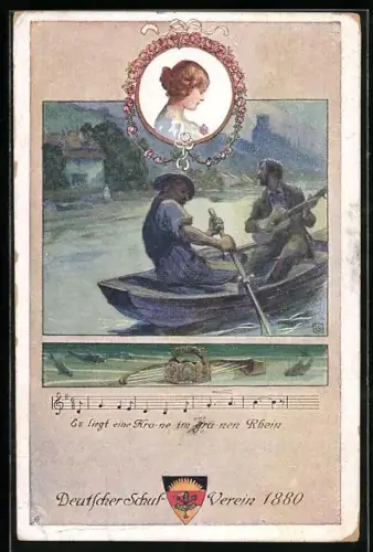 Künstler-AK Karl Friedrich Gsur: Deutscher Schulverein Nr. 91: Ruderpartie, Es liegt eine Krone im grünen Rhein, Noten