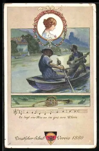 Künstler-AK Karl Friedrich Gsur: Deutscher Schulverein Nr. 91: Ruderpartie, Es liegt eine Krone im grünen Rhein, Noten