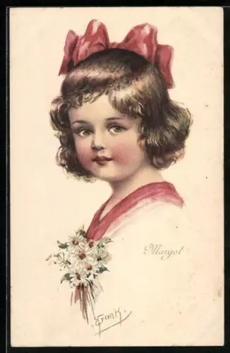 Künstler-AK Elly Frank: Kleines Mädchen mit angesteckten Gänseblumen