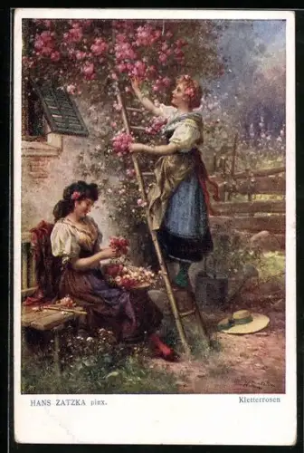 Künstler-AK Hans Zatzka: Kletterrosen, Frauen sammeln Rosen