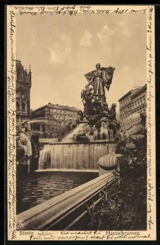 AK Stettin, Manzelbrunnen mit Blick zum Central-Hotel