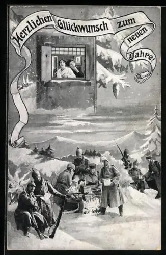 AK Glückwunsch zum neuen Jahre!, Fräuleins am Fenster und Frontsoldaten