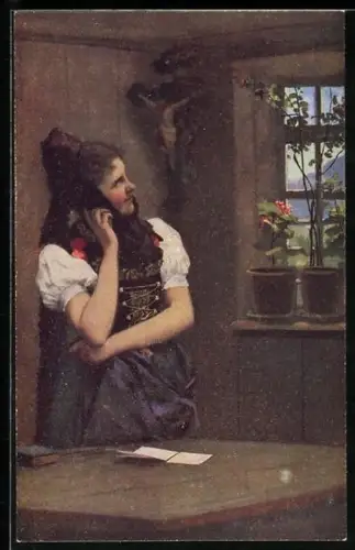 Künstler-AK Heinrich Hoffmann: Im Hergottswinkel, Junge Frau in Tracht am Fenster