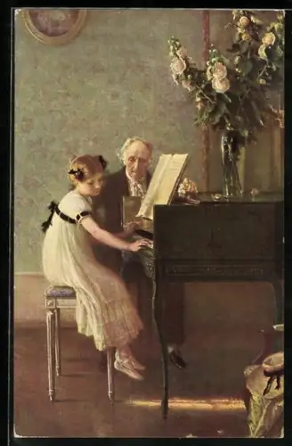 Künstler-AK Muenier: La lecon de clavecin, Klavierstunde, kleines Mädchen mit seinem Klavierlehrer am Flügel