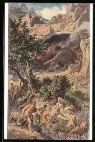 Künstler-AK Odysseus - Abzug aus der Höhle des Kyklopen