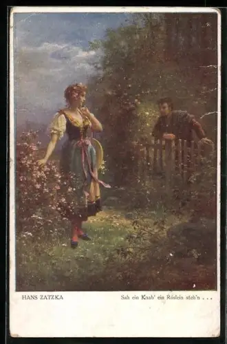 Künstler-AK Hans Zatzka: Ein Mann lehnt sich über einen Zaun zu einer Frau