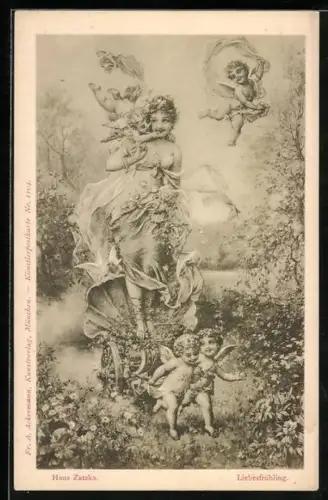 Künstler-AK Hans Zatzka: Liebesfrühling, Schönes Mädchen wird von Engeln geleitet