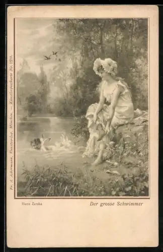 Künstler-AK Hans Zatzka: Amor als grosser Schwimmer