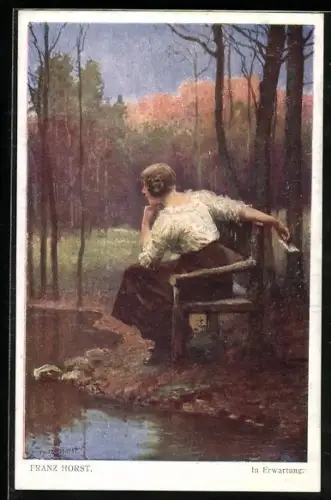 Künstler-AK Franz Horst: In Erwartung, Frau sitzt am Waldsee