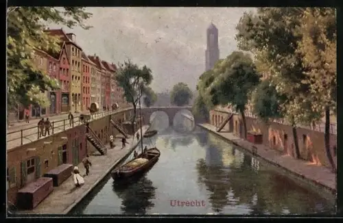Künstler-AK Utrecht, Uferpartie mit Brücke