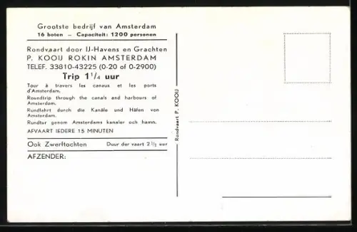 AK Amsterdam, Rondvaart, Dampfer Koningin Juliana, P. Kooij, Rokin
