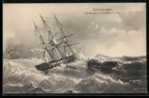 AK Scheveningen, Schipbreuk b. d. Hollandsche Kust, Seenotrettung