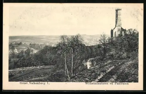 AK Groet Valkenburg /L., Wilhelminatoren en Panorama