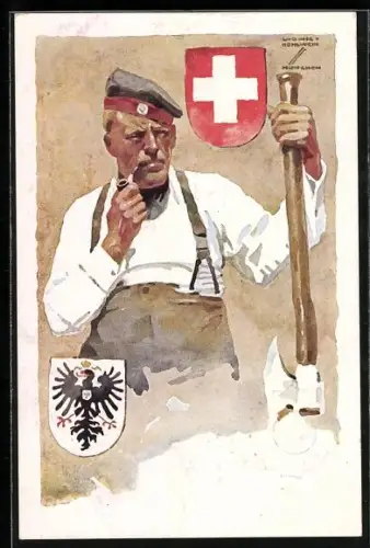 Künstler-AK Ludwig Hohlwein: München, Deutsche Internierten-Ausstellung 1918 in der Tonhalle, Veteran mit Axt