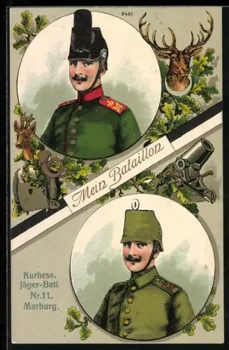 Präge-AK Marburg, Kurhess. Jäger-Batl. Nr. 11, Soldaten in Uniformen