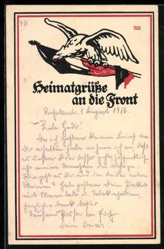 Künstler-AK sign. Lucion Bernhard: Heimatgrüsse an die Front, Adler mit Reichsflagge