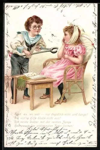 Lithographie Kinder spielen Zahnarzt