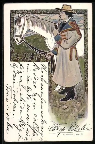 Künstler-AK sign. Wilhelm Wachtel: Pfeife rauchender Mann neben seinem weissen Pferd, Jugendstil