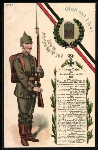 AK Soldat des Res.-Inf.-Regts. Nr. 269 in Uniform mit Pickelhaube, Ehrentafel