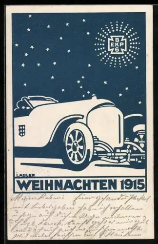 Künstler-AK sign. I. Adler: Etappen-Kraftwagen-Park 6 mit Sternenhimmel, Kriegsweihnacht 1915