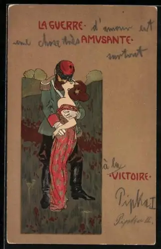 Künstler-AK Raphael Kirchner: La Guerre Amusante, Victoire, Soldat in Uniform küsst eine Frau leidenschaftlich