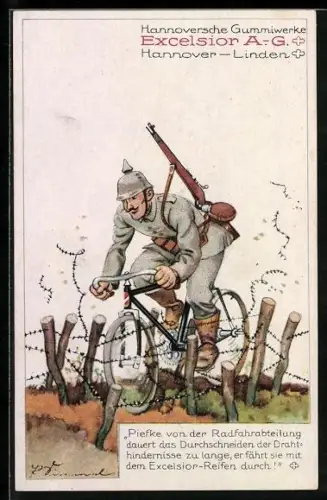 Künstler-AK Hannover-Linden, Reklame für Hannoversche Gummiwerke Excelsior AG, Soldat fährt durch Stacheldraht