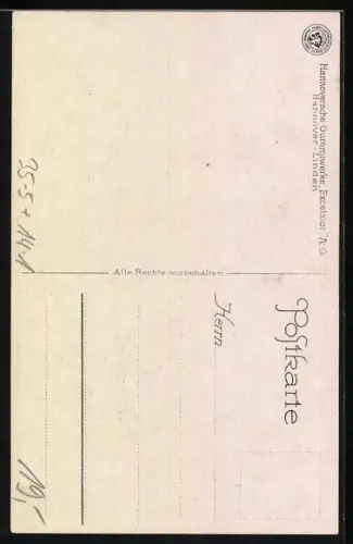 Künstler-AK Hannover-Linden, Reklame für Hannoversche Gummiwerke Excelsior AG, Soldat fährt durch Stacheldraht