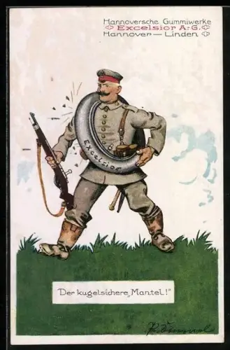 Künstler-AK Hannover-Linden, Hannoversche Gummiwerke, Excelsior AG, Soldat in Uniform mit Gewehr