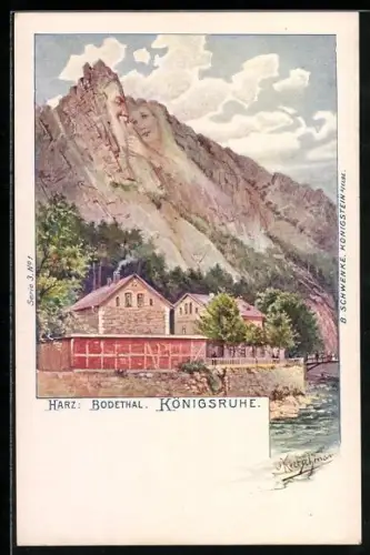 Künstler-AK Thale, Vermenschlichte Berge mit Gasthaus Königsruhe, Berggesichter