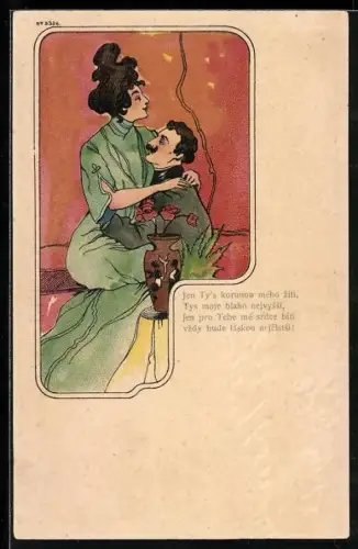 Künstler-AK Frau mit Hochsteckfrisur sitzt auf dem Schoss eines Mannes, Jugendstil