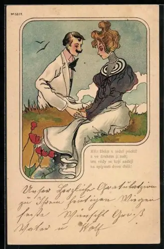 Künstler-AK Pärchen hält sich auf einer Wiese an den Händen, Jugendstil