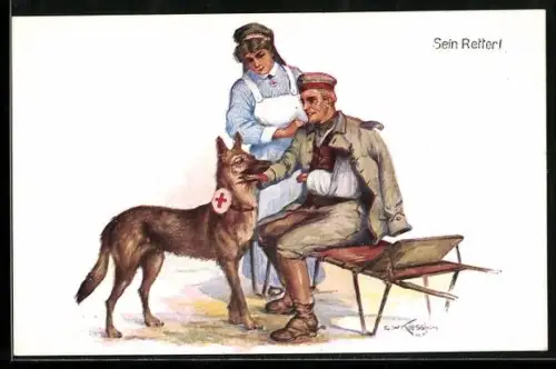 Künstler-AK Verwundeter Soldat mit Sanitätshund, Sein Retter