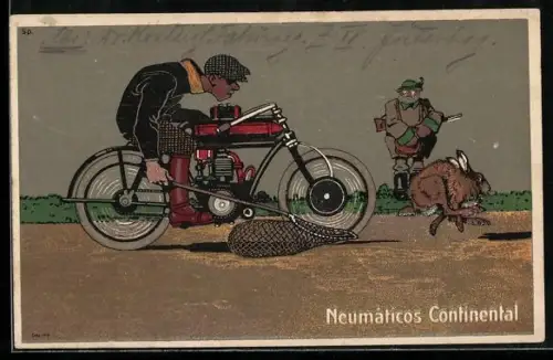 AK Mann mit Kescher auf Motorrad jagt Hasen, Continental-Banden
