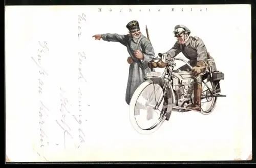 Künstler-AK sign. K. W. Boehmer: Soldat in Uniform auf dem Motorrad
