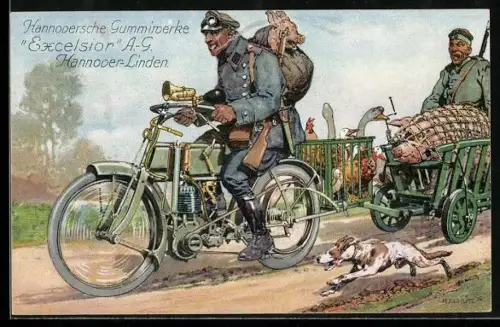 Künstler-AK Hannoversche Gummiwerke Excelsior AG, Hannover-Linden, Soldat fährt Motorrad