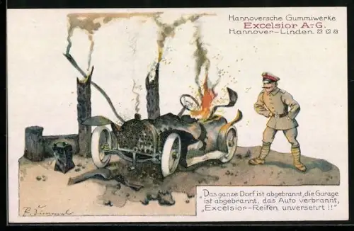 Künstler-AK Reklame Excelsior-Reifen, Soldat neben brennendem Auto