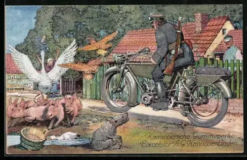 Künstler-AK Soldat auf dem Motorrad rast durch ein Dorf, Reklame für Hannoversche Gummiwerke Excelsior