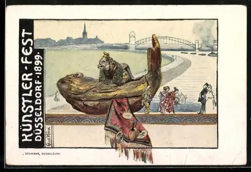 Künstler-AK Düsseldorf, Künstler-Fest 1899, Statue eines Fisches m. Mann und Geishas