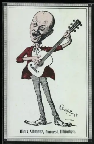 AK München, Karikatur von Humorist Alois Schwarz mit Gitarre und grossem Kopf