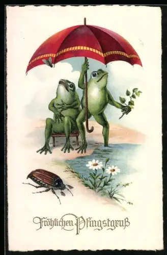 AK Pfingstgruss, Frösche mit Sonnenschirm und Maiköfer