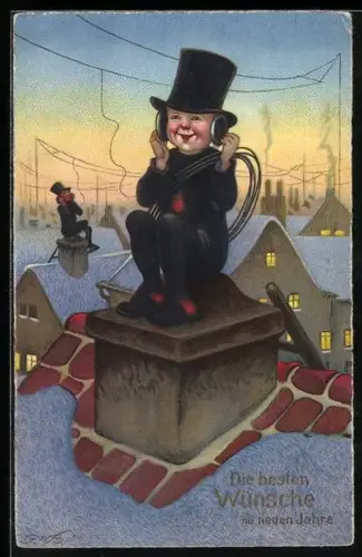 Künstler-AK Fritz Baumgarten: Kleine Schornsteinfeger kommunizieren mit Schnurtelefonen