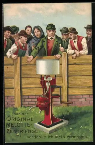 Künstler-AK Reklame für Original Melotte-Zentrifuge zur Milchverarbeitung, Bauer preist das Gerät an