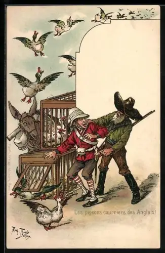 Künstler-AK A. Thiele: Les pigeons courriers des Anglais! Engländer befreit die Gänse