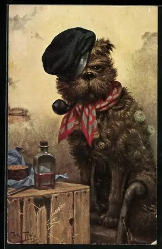 Künstler-AK Arthur Thiele: vermenschlichte Tiere, Hund mit Mütze und Pfeife