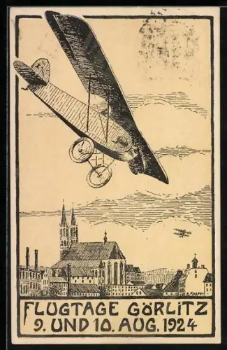 Künstler-AK Görlitz, Flugtage 1924, Flugzeug über der Stadt