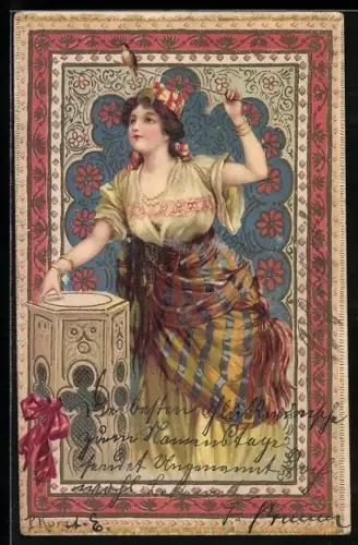 Lithographie Hellseherin mit Halbmond und Vogel auf einem Stab, Jugendstil