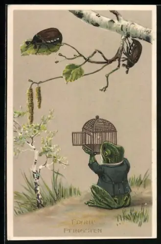 AK Frosch versucht mit Hilfe eines Vogelkäfigs Maikäfer vom Baum einzufangen