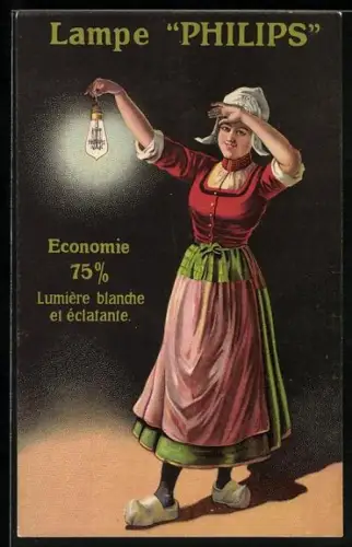 Lithographie Reklame Philips, Niederlande, junge Frau in Trachten mit einer Glühlampe