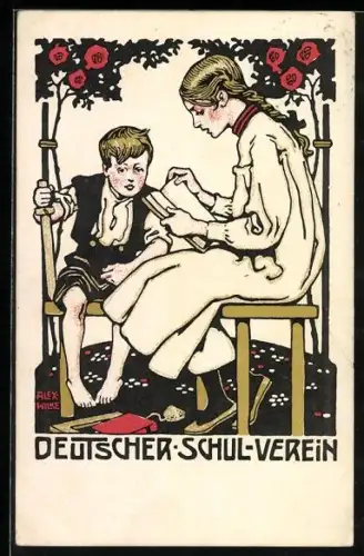 Künstler-AK Deutscher Schulverein Nr., sign. Karl Alex Wilke: Grosse Schwester unterrichtet Bruder